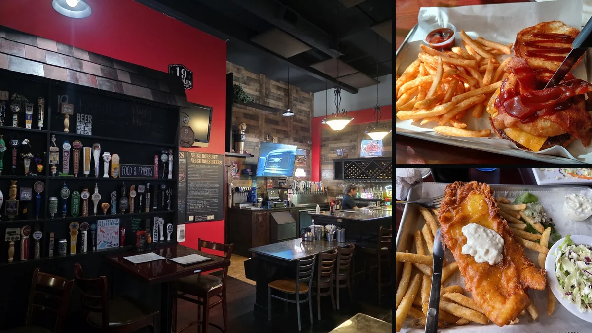 A neighborhood pub interior with sports screens.