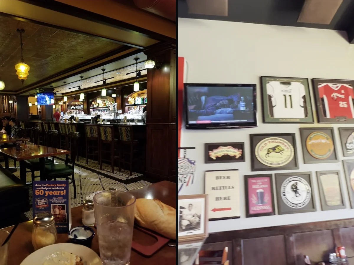 Pub tables with beer glasses and casual seating.